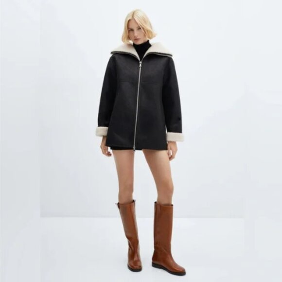 Mango Faux Leather Shearling Zip Coat Black Size Small - Picture 2 of 14